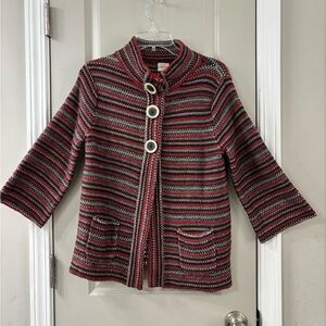 Vintage Covington Red and Black Striped Knit 3/4 Sleeve Cardigan